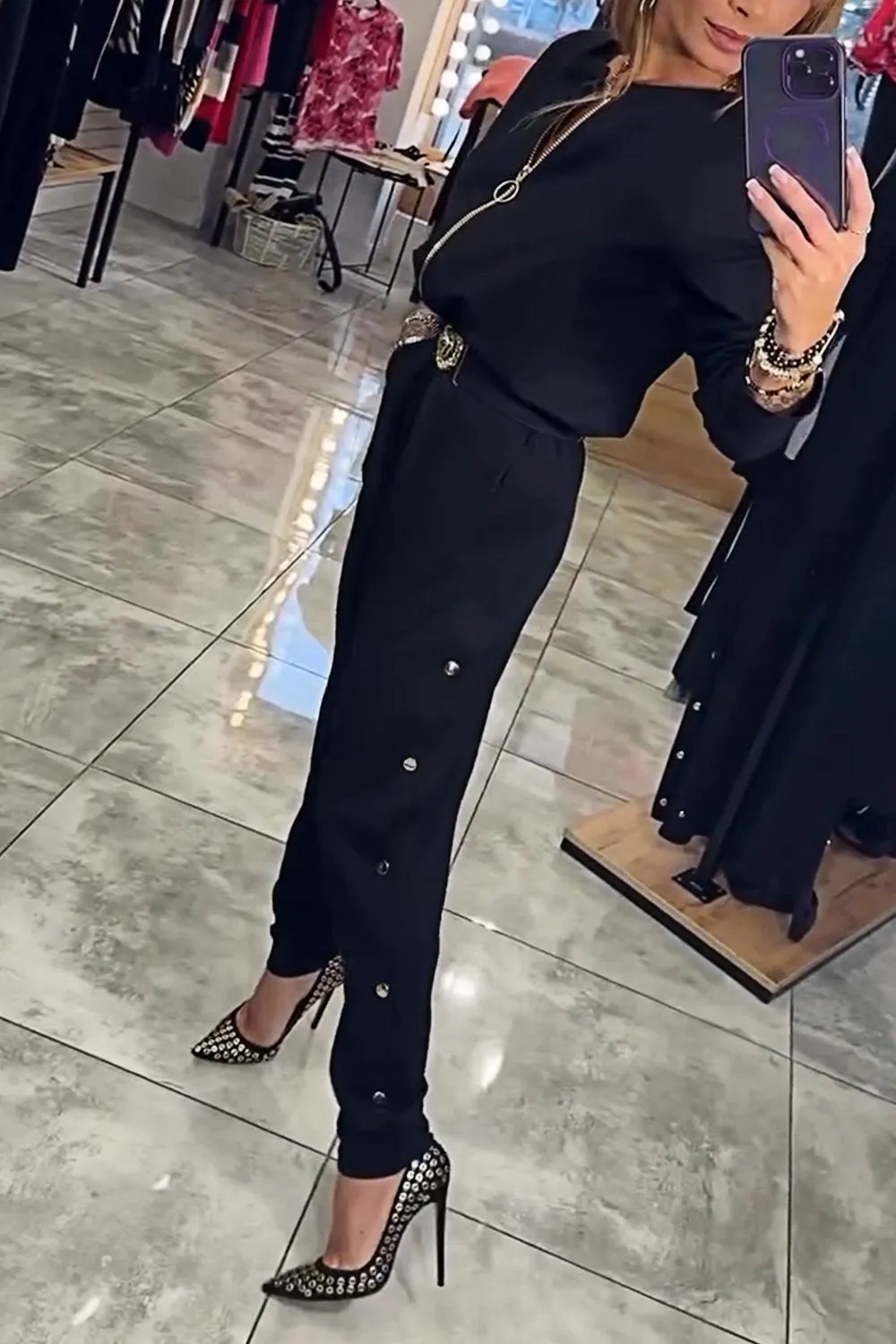 Women's Zipper Jacket & Slim Buttoned Trousers Two-piece Set