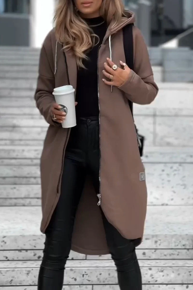 Women's Solid Color Zipper Hooded Casual Coat